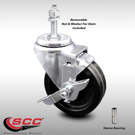 Service Caster 4 Inch SS Phenolic Wheel Swivel 3/8 Inch Threaded Stem Caster with Brake SCC SCC-SSTS20S414-PHS-TLB-381615